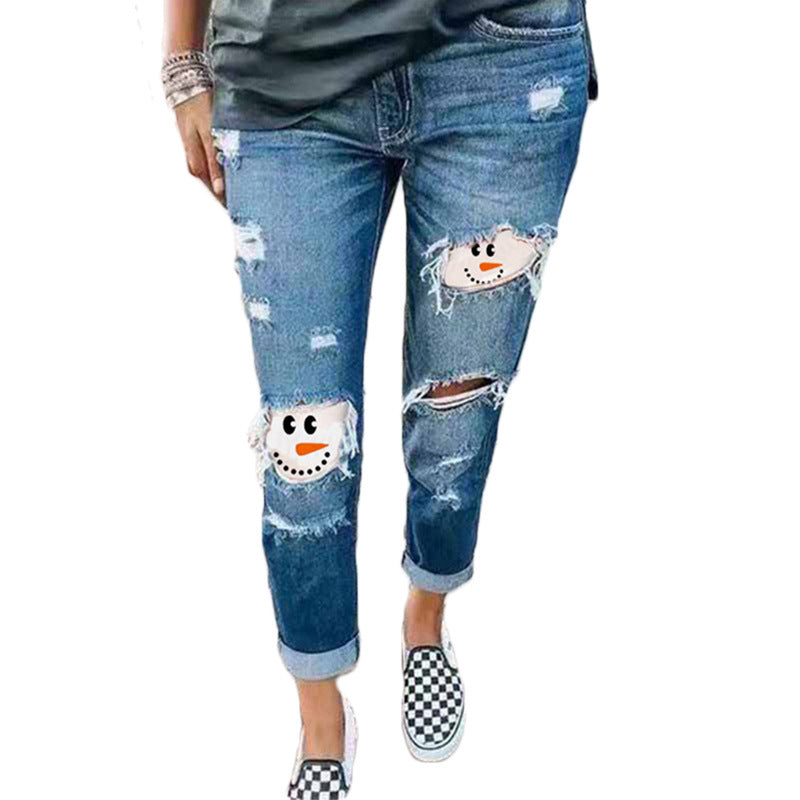 Halloween funny print ripped denim stretch jeans