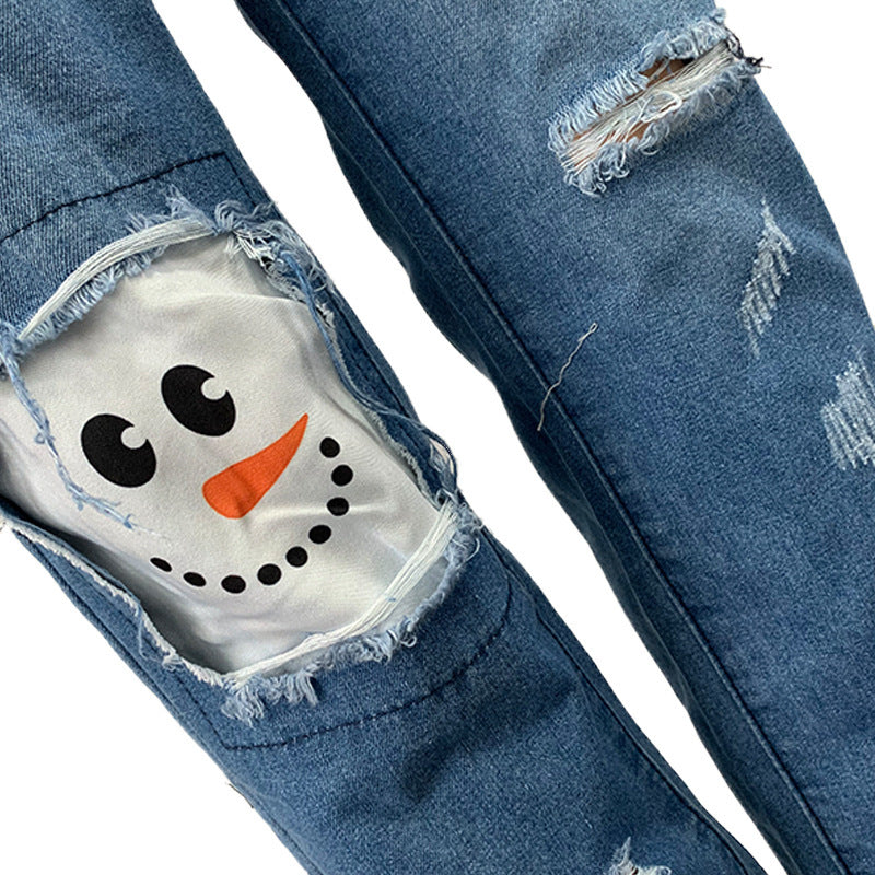 Halloween funny print ripped denim stretch jeans