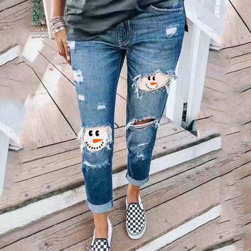 Halloween funny print ripped denim stretch jeans