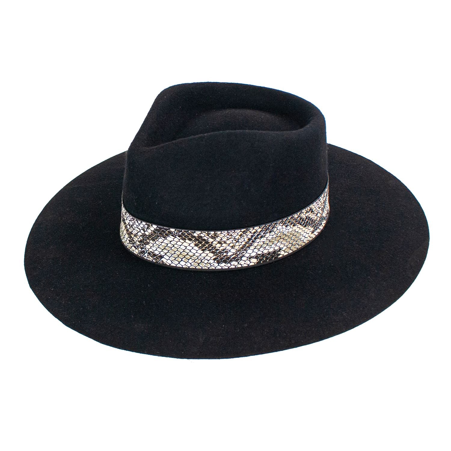 Boa Wool Felt 3.5 Inch Wide Brim Snake Skin Leather Band Hat