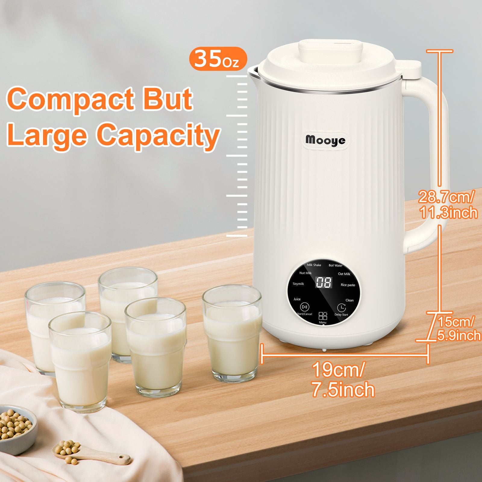 Mooye 35oz Nut Milk Maker Machine, Multi-Functional Automatic Almond Milk Machine with 10 Blades, Plant-Based Milk, Oat, Soy, Dairy Free Beverages with 12h Timer/Auto-clean