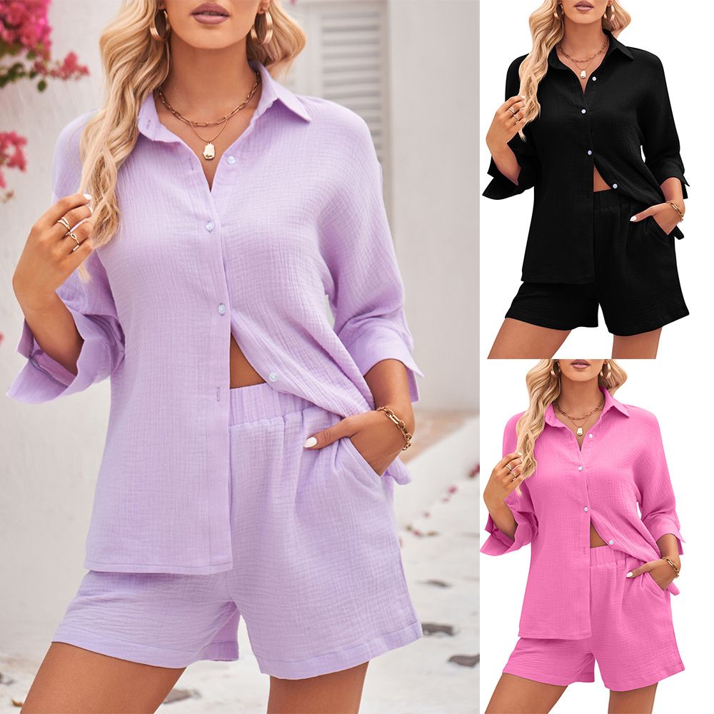 Women's 2 Piece Shirt Casual Sets Long Sleeve Shirt And Loose High Waisted Mini Shorts Set