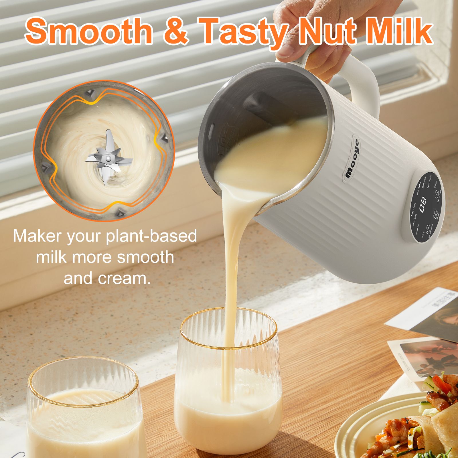 Mooye 35oz Nut Milk Maker Machine, Multi-Functional Automatic Almond Milk Machine with 10 Blades, Plant-Based Milk, Oat, Soy, Dairy Free Beverages with 12h Timer/Auto-clean