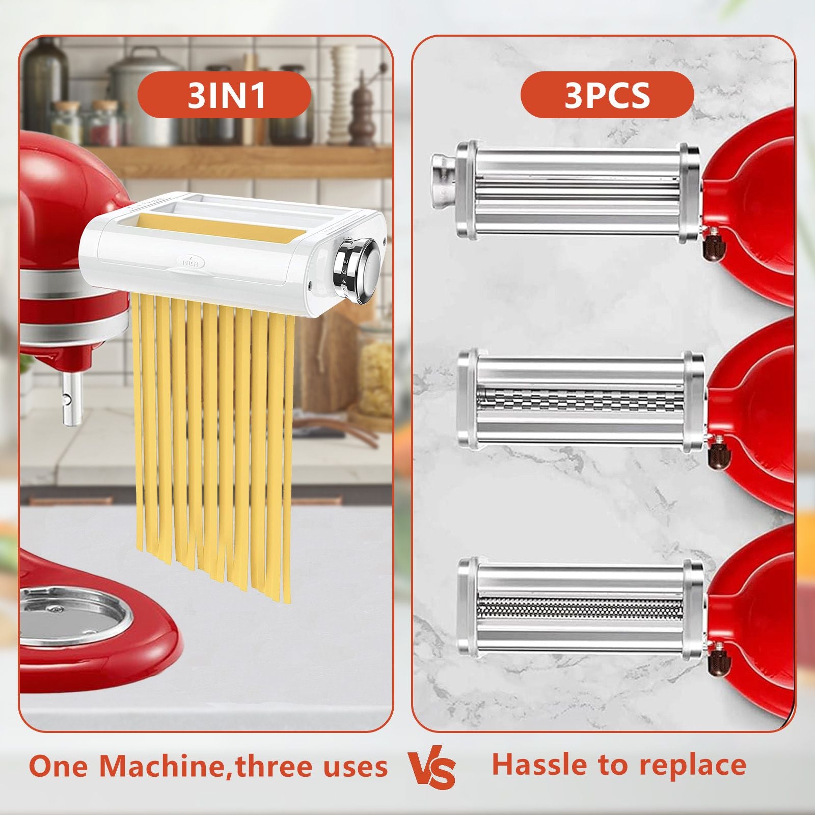 IAGREEA Pasta Maker Attachment 3 in 1 for KitchenAid Stand Mixers IncludedPasta Sheet Roller, Spaghetti Cutter, Fettuccine Cutter Maker,For KitchenAid Vertical Mixer(Machine Is Not Included)