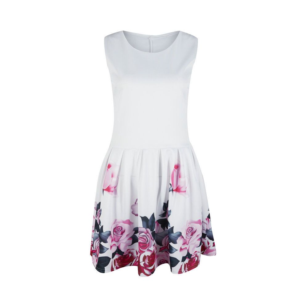 Spring Summer Hot Dress Sexy Round Neck Waist Rose Print Dress