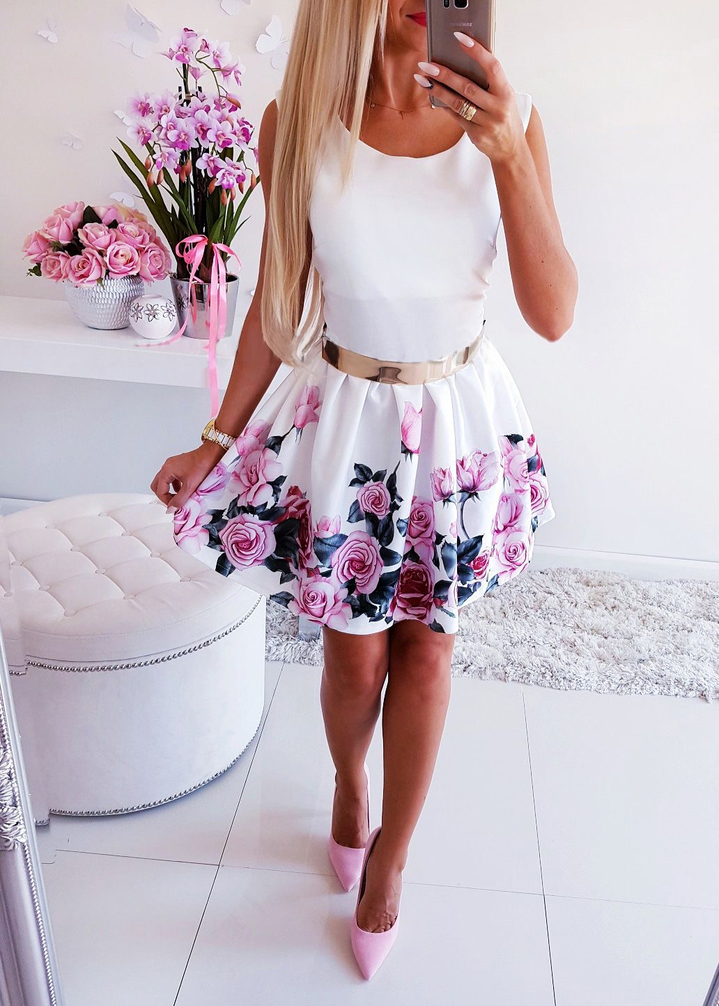 Spring Summer Hot Dress Sexy Round Neck Waist Rose Print Dress